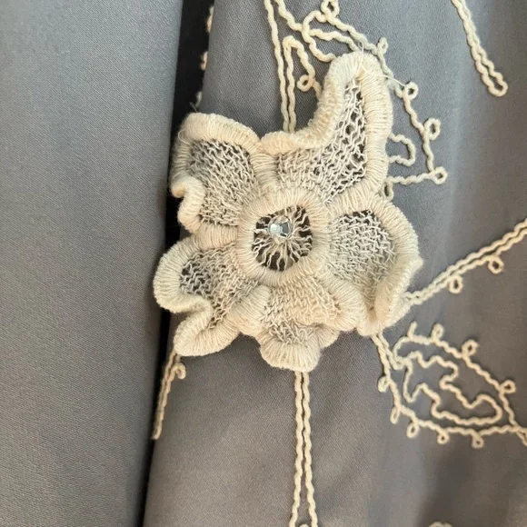 Tatyana Sleeveless, Gray, White Floral Embroidery Crystal Swing Dress - Picture 5 of 8